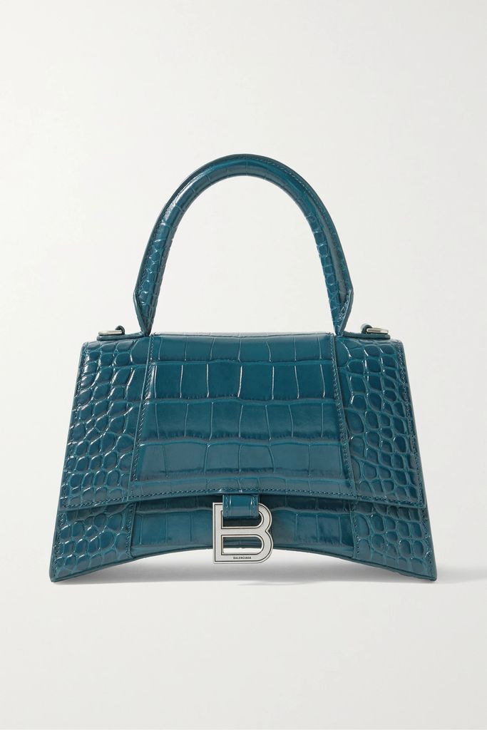 Hourglass Small Croc-effect Leather Tote - Petrol