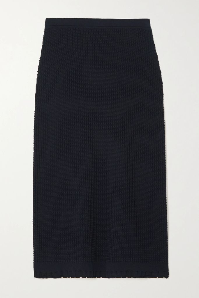 Scalloped Waffle-knit Cotton-blend Midi Skirt - Navy