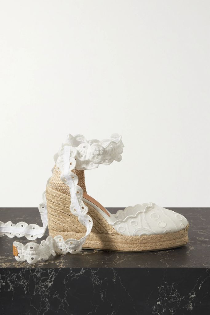 + Charo Ruiz Cini 100 Broderie Anglaise Cotton And Canvas Wedge Espadrilles - White