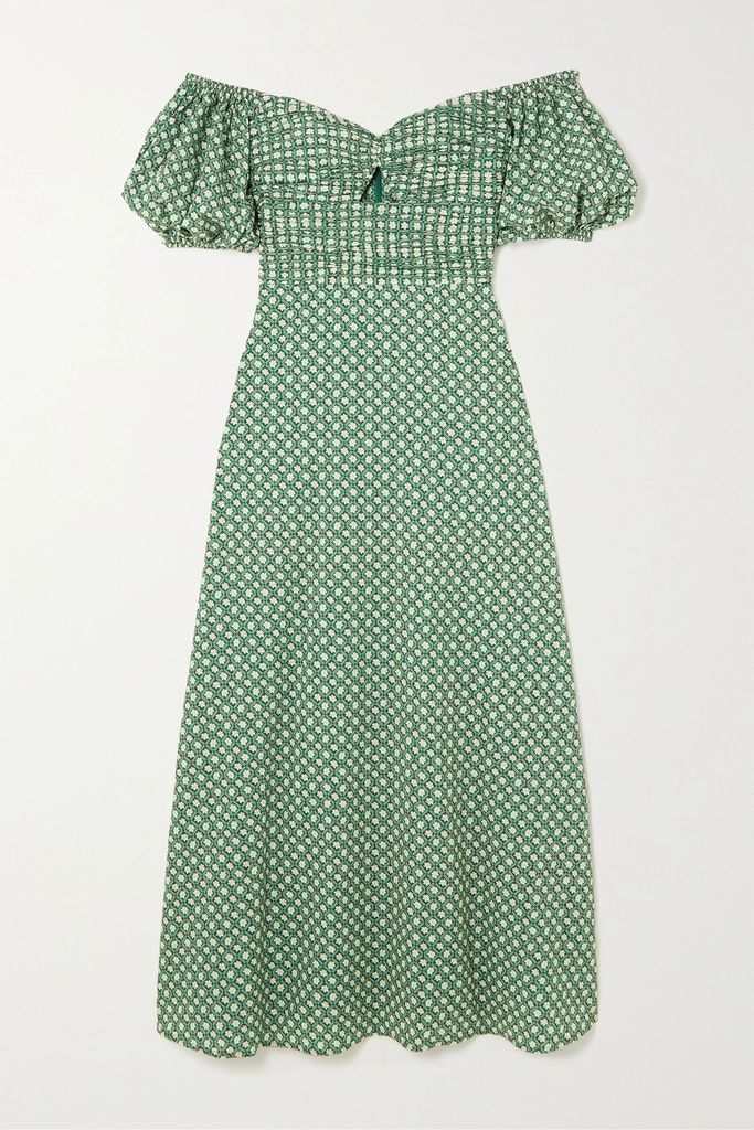 + Net Sustain Memories Off-the-shoulder Floral-print Organic Cotton-blend Dress - Green