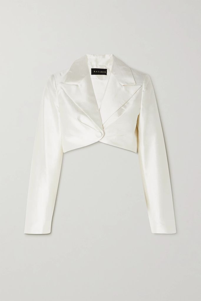 Cropped Ruched Silk Blazer - White