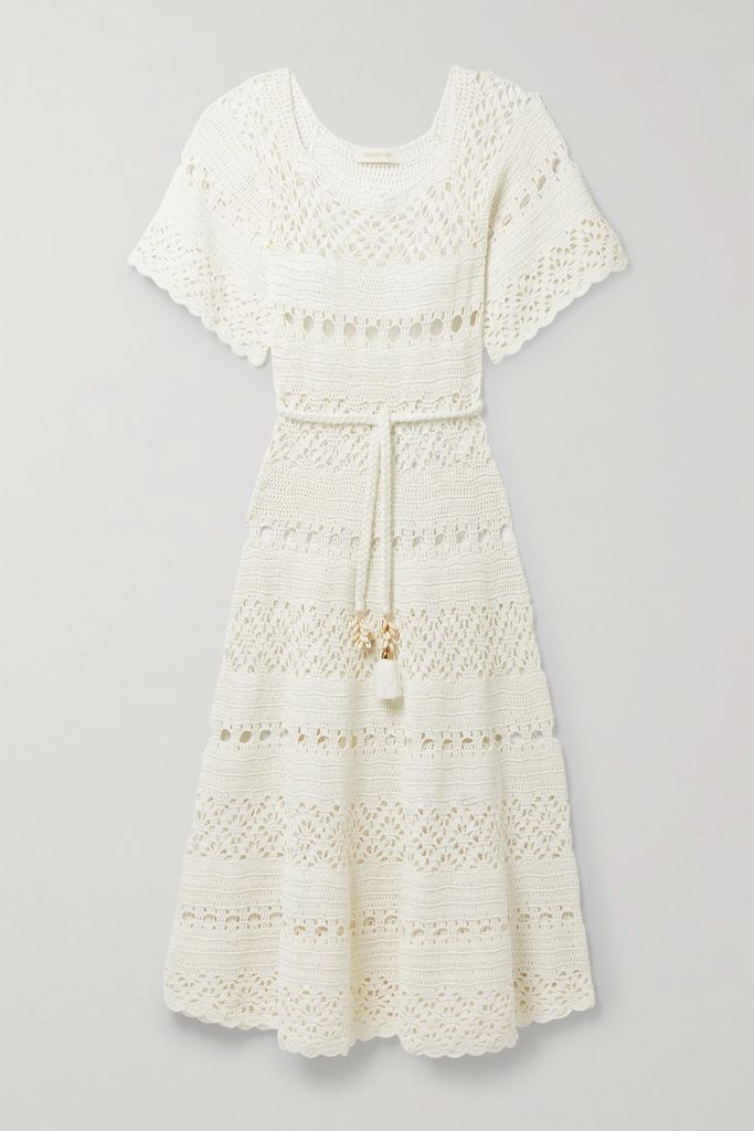 Cassia Belted Embellished Crocheted Linen Midi Dress - Ivory