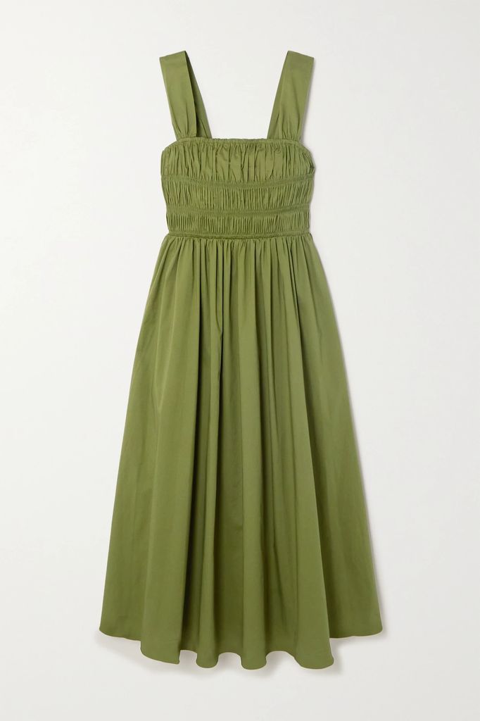 Ida Ruched Stretch-cotton Poplin Midi Dress - Army green