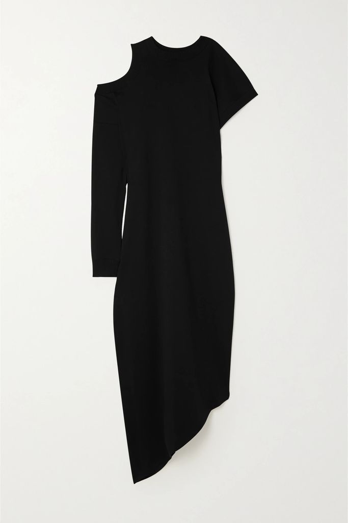 Cold-shoulder Asymmetric Organic Cotton-jersey Midi Dress - Black