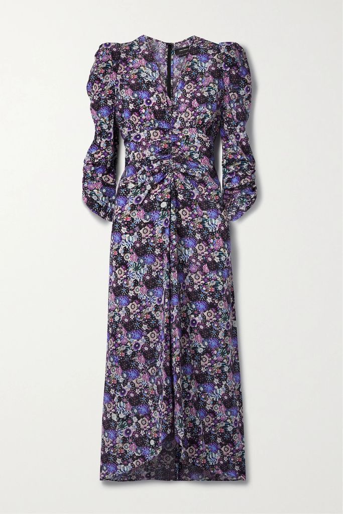 Albini Ruched Floral-print Silk-blend Crepe Midi Dress - Lilac