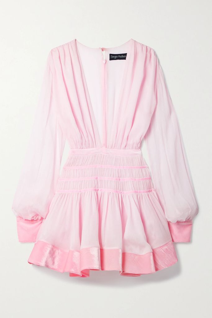 Velvet-trimmed Smocked Tiered Silk-crepon Mini Dress - Pastel pink