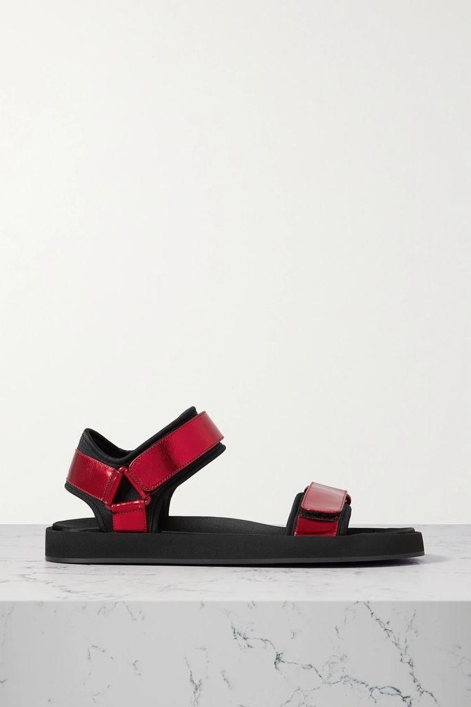 Hook And Loop Metallic Leather And Neoprene Sandals - Red