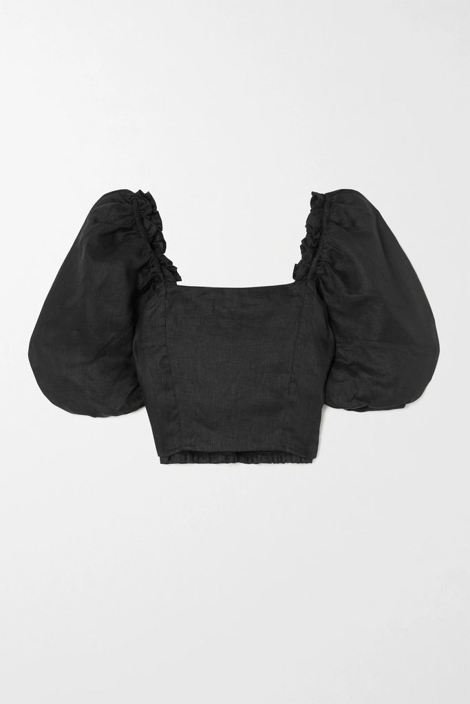 + Net Sustain Barnette Cropped Shirred Linen Top - Black
