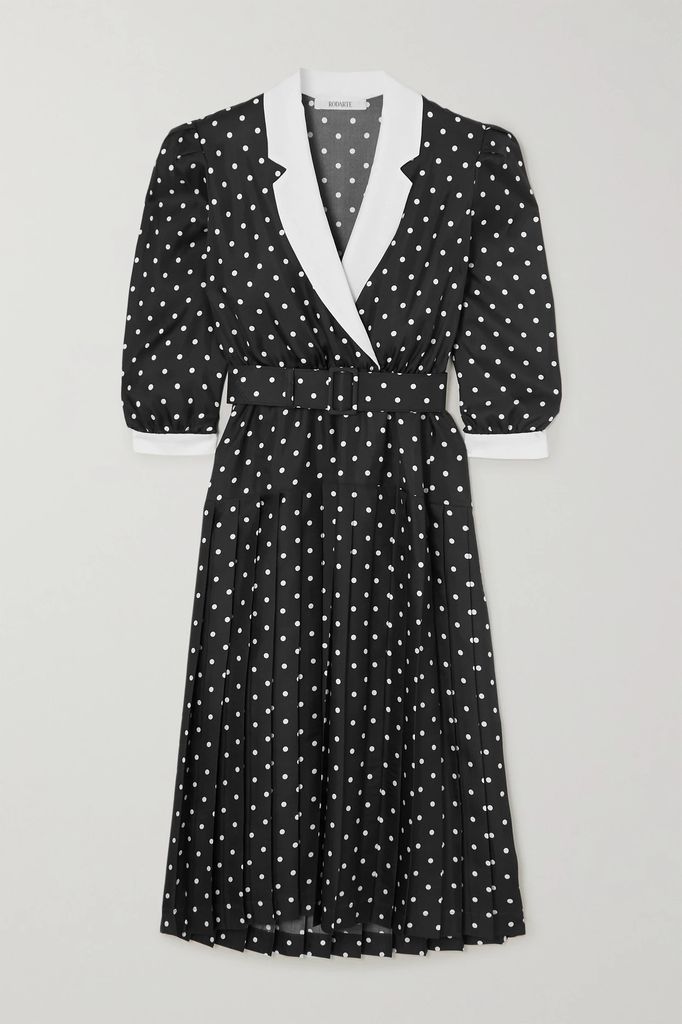 Belted Pleated Polka-dot Silk-twill Midi Dress - Black
