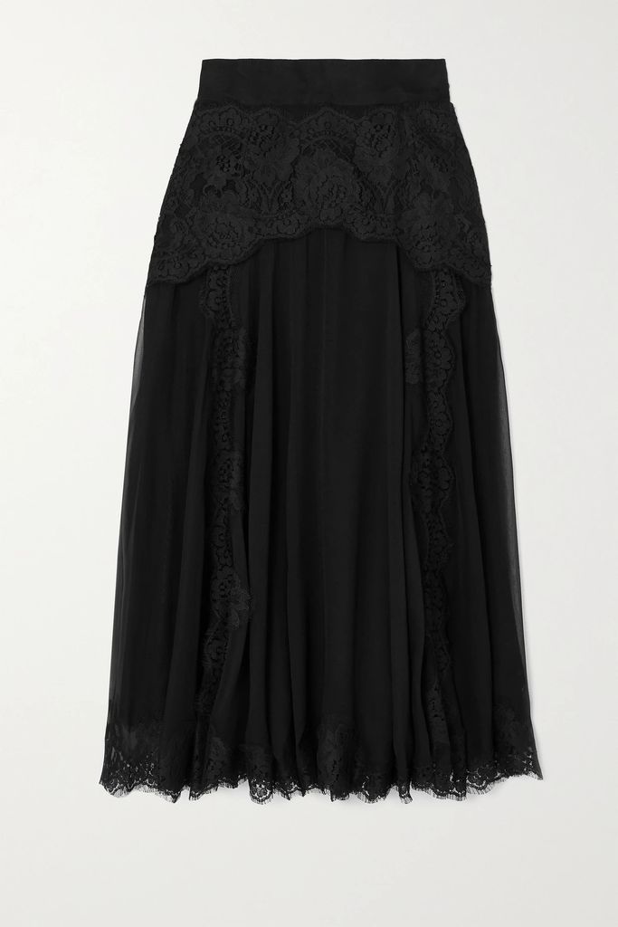Lace And Silk-blend Chiffon Midi Skirt - Black