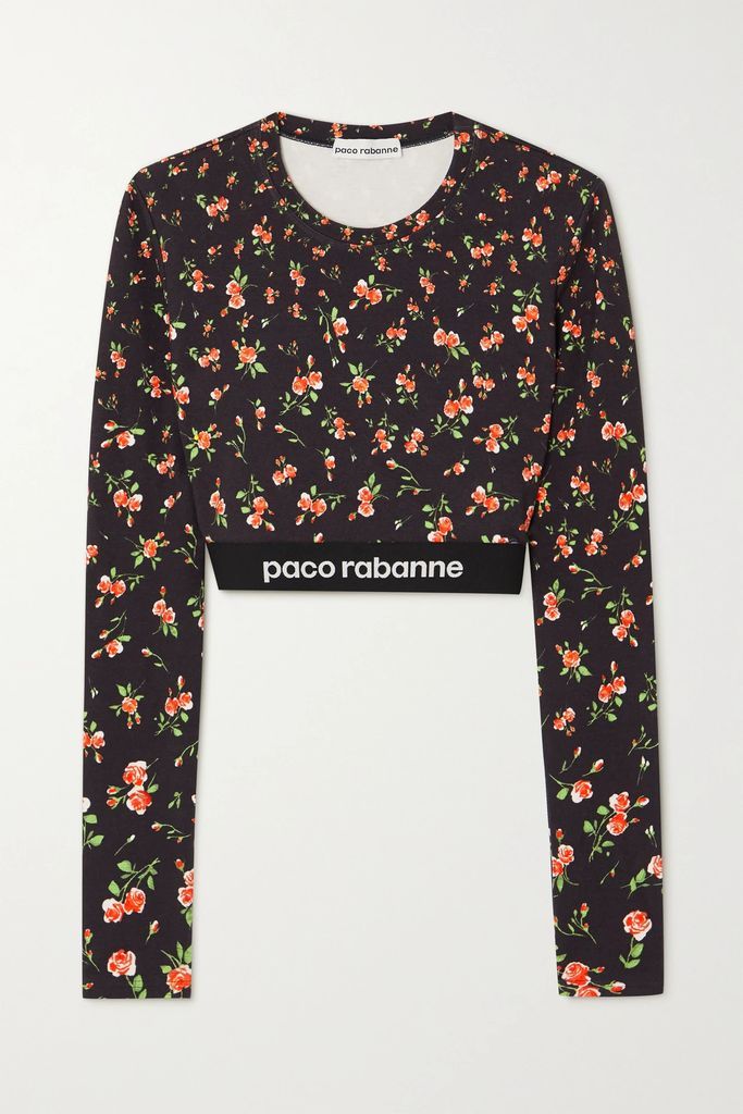 Cropped Jacquard-trimmed Floral-print Stretch-jersey Top - Black
