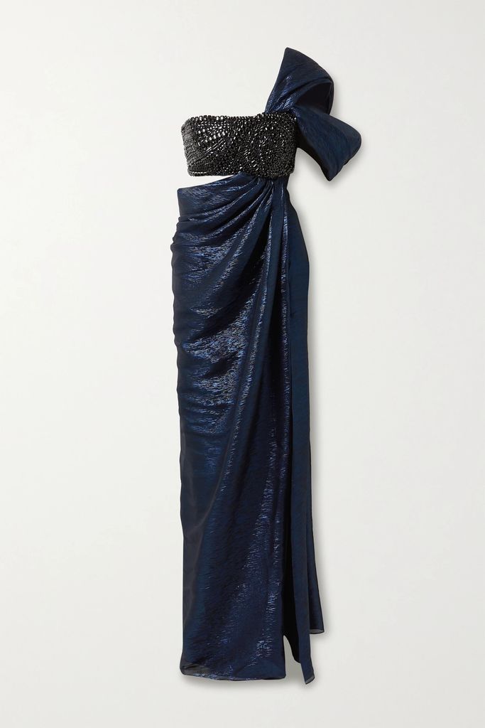 Draped Crystal-embellished Silk-blend Lamé Gown - Midnight blue