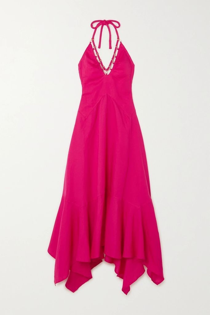 Constance Embellished Tencel And Linen-blend Haltnerneck Dress - Pink