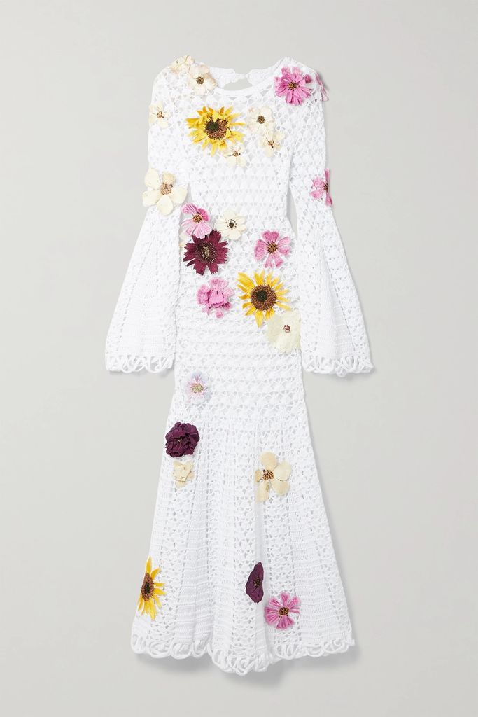 Open-back Appliquéd Crocheted Cotton Midi Dress - White