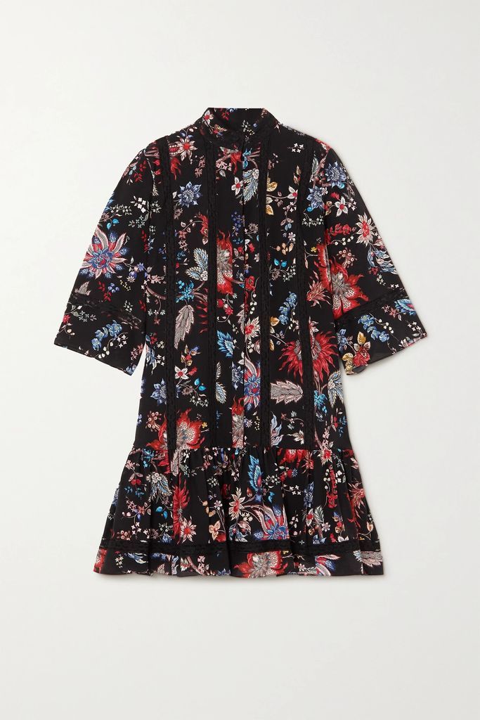 Bertram Lace-trimmed Floral-print Silk Mini Dress - Black
