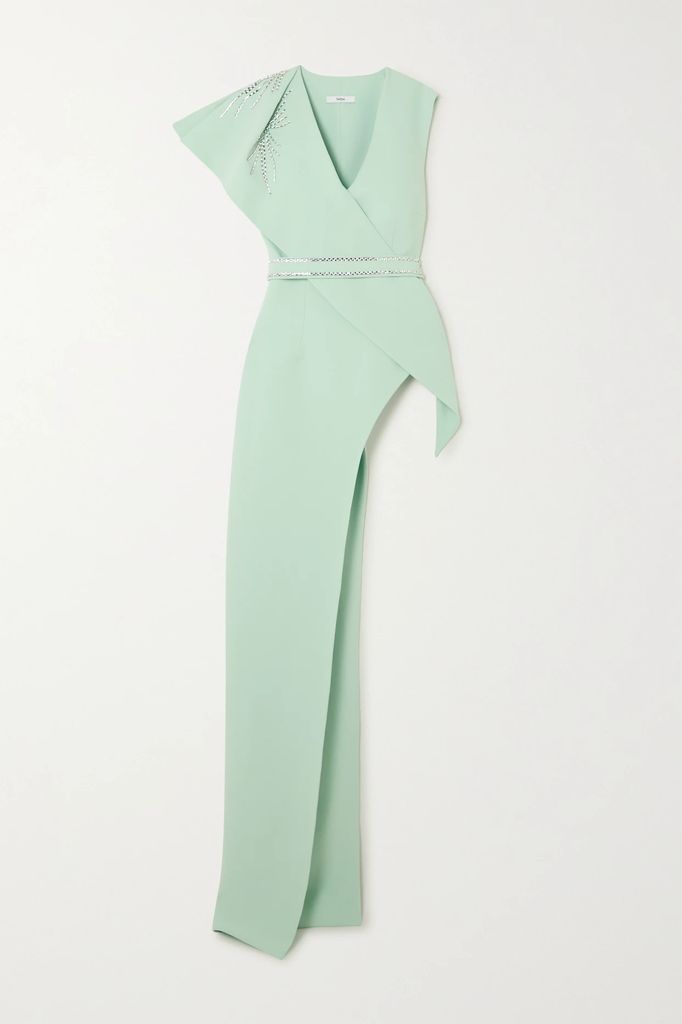 Asymmetric Draped Crystal-embellished Stretch-crepe Top - Jade