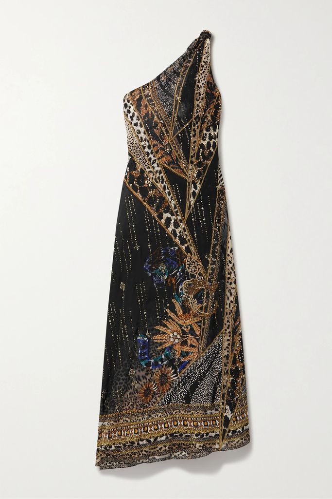 One-shoulder Embellished Printed Silk-crepe Maxi Dress - Black