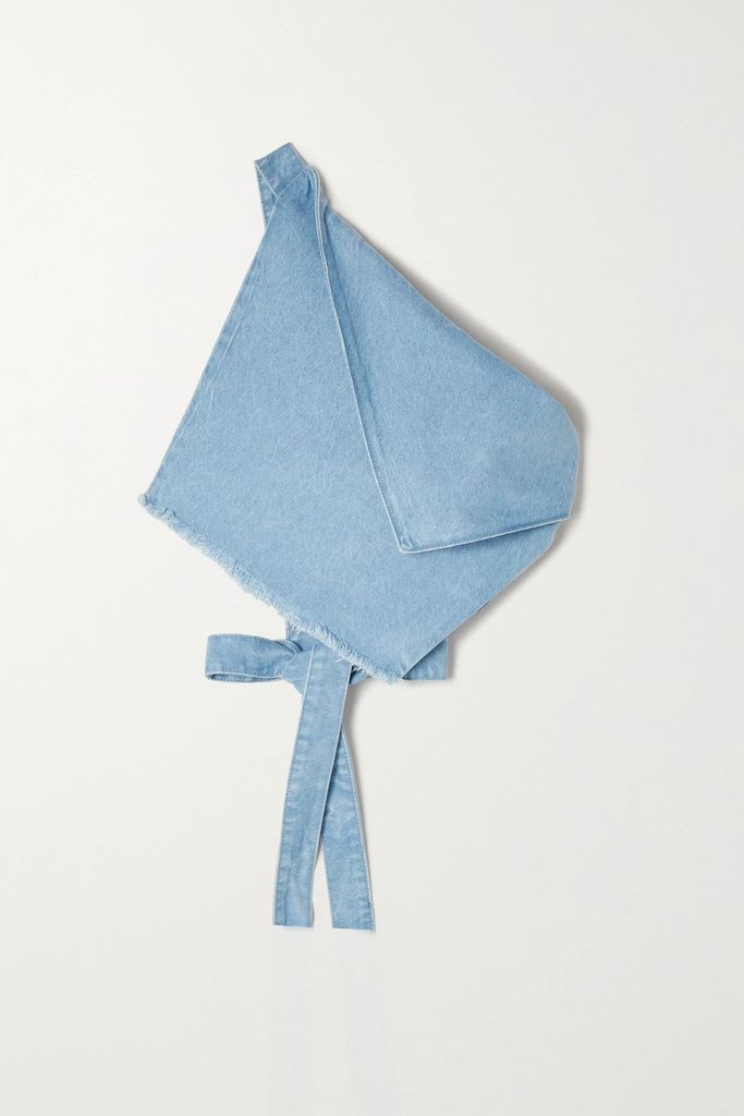 One-shoulder Tie-detailed Frayed Denim Top - Blue