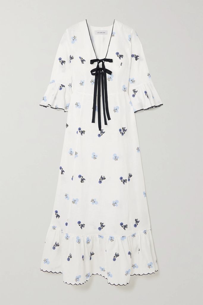 Diana Bow-detailed Ruffled Embroidered Linen Midi Dress - White