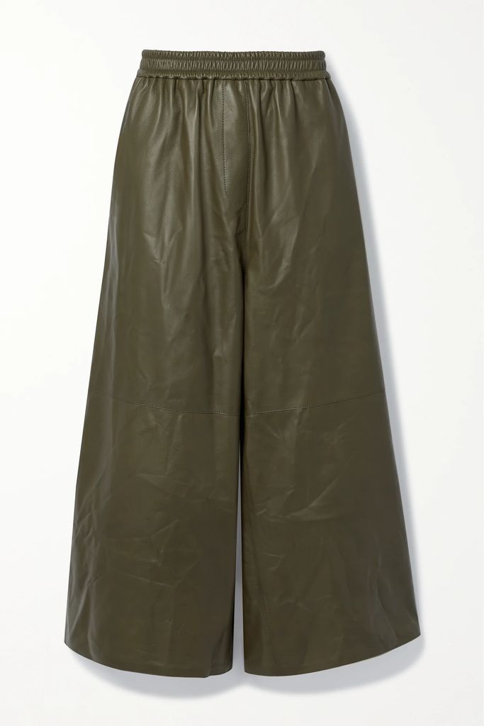 Cropped Leather Wide-leg Pants - Army green