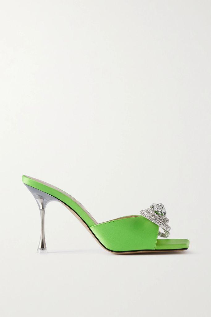 Double Bow Crystal-embellished Satin Mules - Green