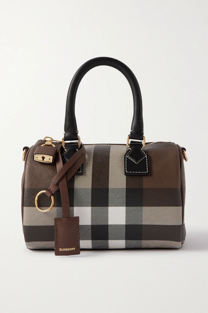 Leather-trimmed Checked Coated-canvas Tote - Brown