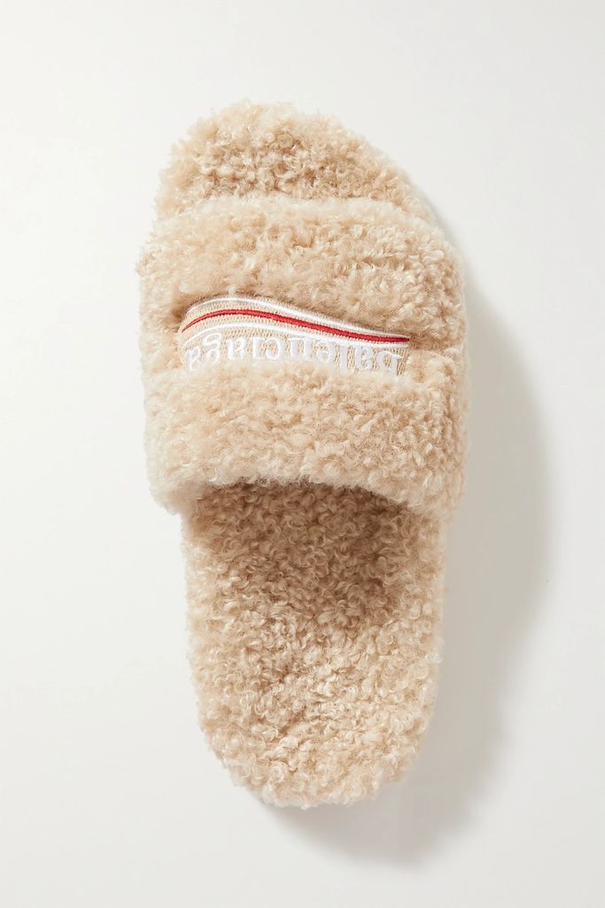 Furry Logo-embroidered Faux Shearling Slides - Beige