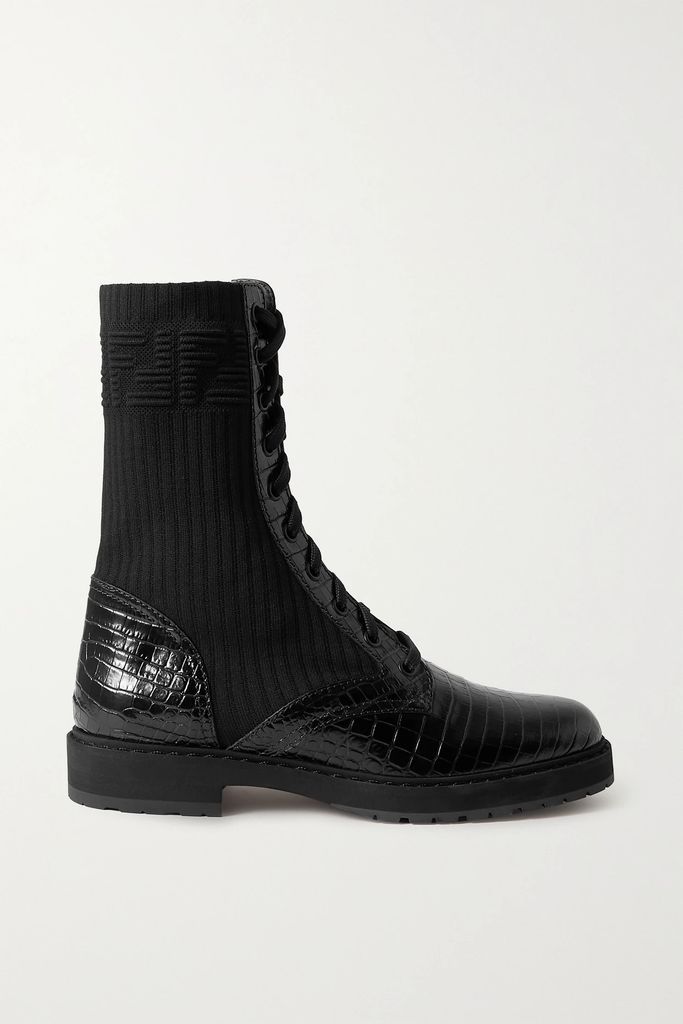 Biker Ribbed-knit And Croc-effect Patent-leather Ankle Boots - Black
