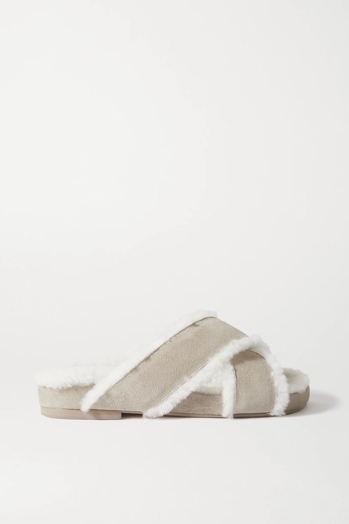 Shearling-lined Suede Slides - Gray
