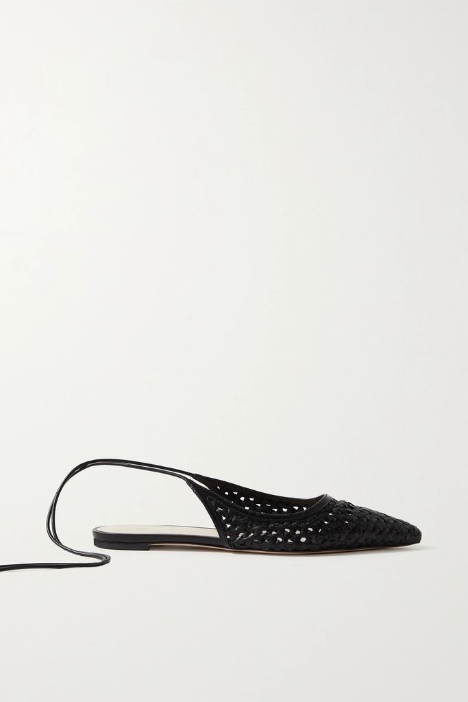 Woven Leather Point-toe Flats - Black