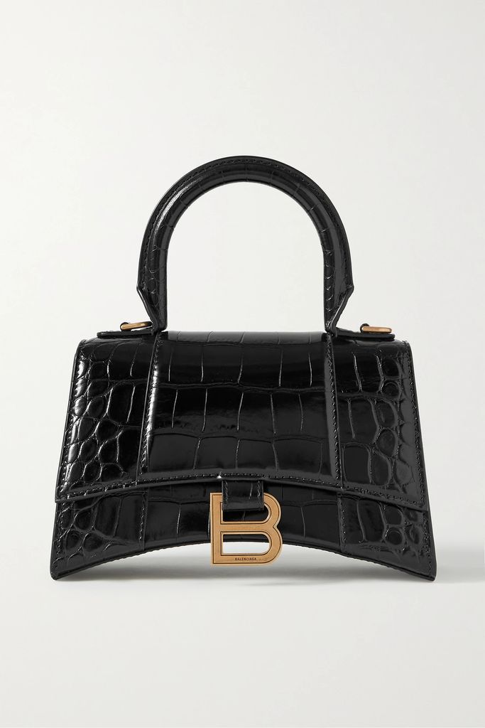 Hourglass Xs Croc-effect Leather Tote - Black