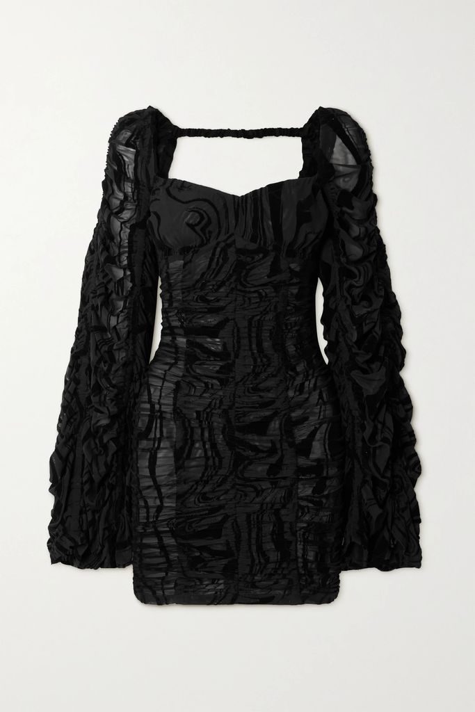 Rikke Ruched Flocked Mesh Mini Dress - Black