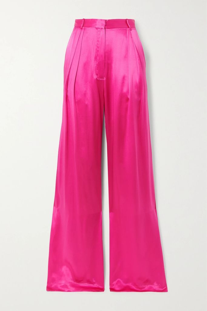 Pleated Silk-satin Wide-leg Pants - Pink