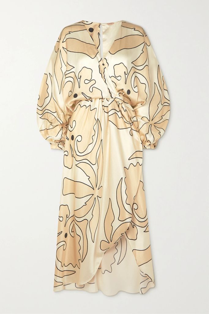 + Net Sustain Golden Opportunity Cutout Hammered Silk-satin Wrap Midi Dress - Ecru