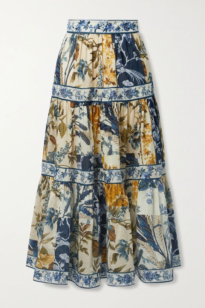 Aliane Tiered Floral-print Cotton-voile Midi Skirt - Blue