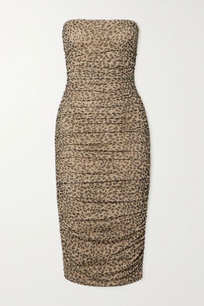 Shea Strapless Ruched Cheetah-print Stretch-mesh Dress - Beige