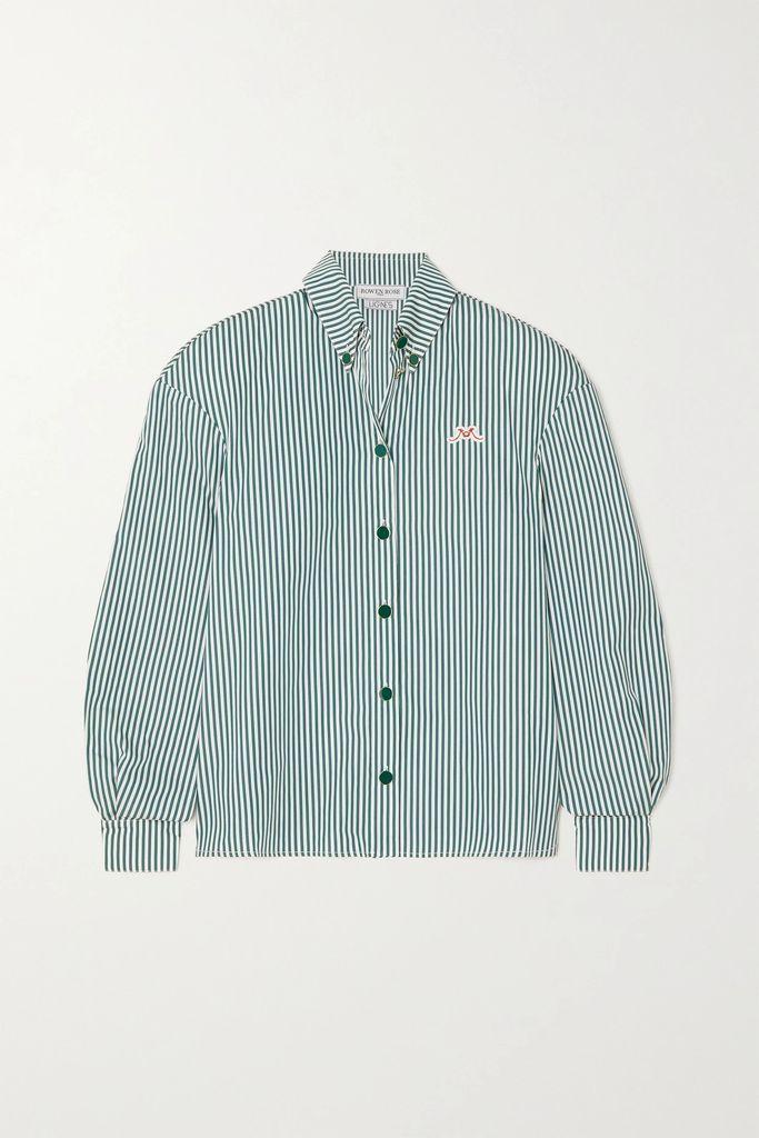 Embroidered Striped Cotton-poplin Shirt - Green