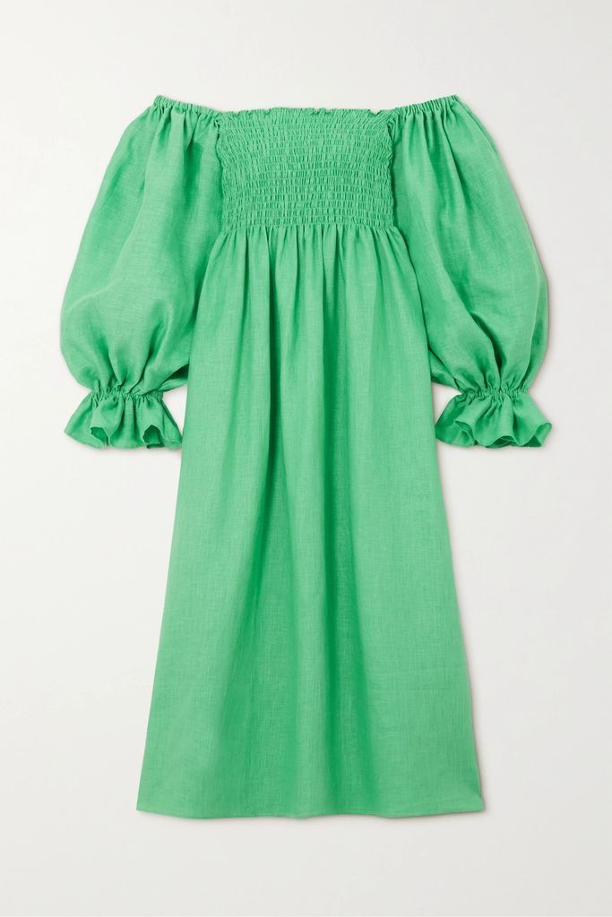 + Net Sustain Atlanta Off-the-shoulder Shirred Linen Midi Dress - Green