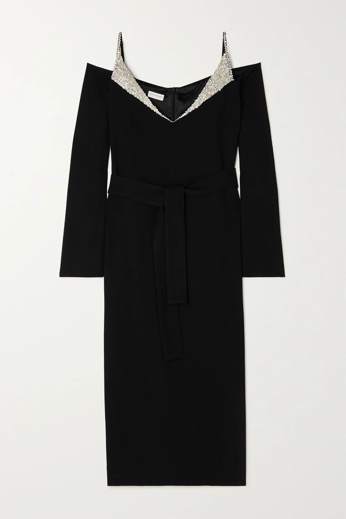 Cold-shoulder Embellished Wool And Silk-blend Gabardine Dress - Black