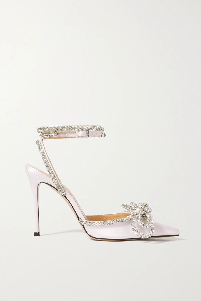 Double Bow Crystal-embellished Silk-satin Point-toe Pumps - White