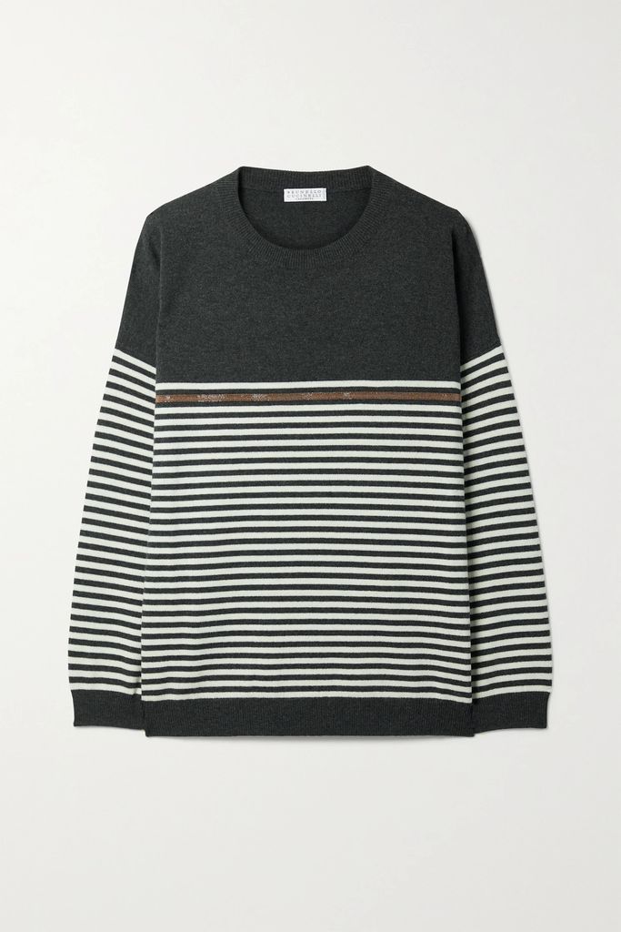 Bead-embellished Striped Wool, Cashmere And Silk-blend Sweater - Black
