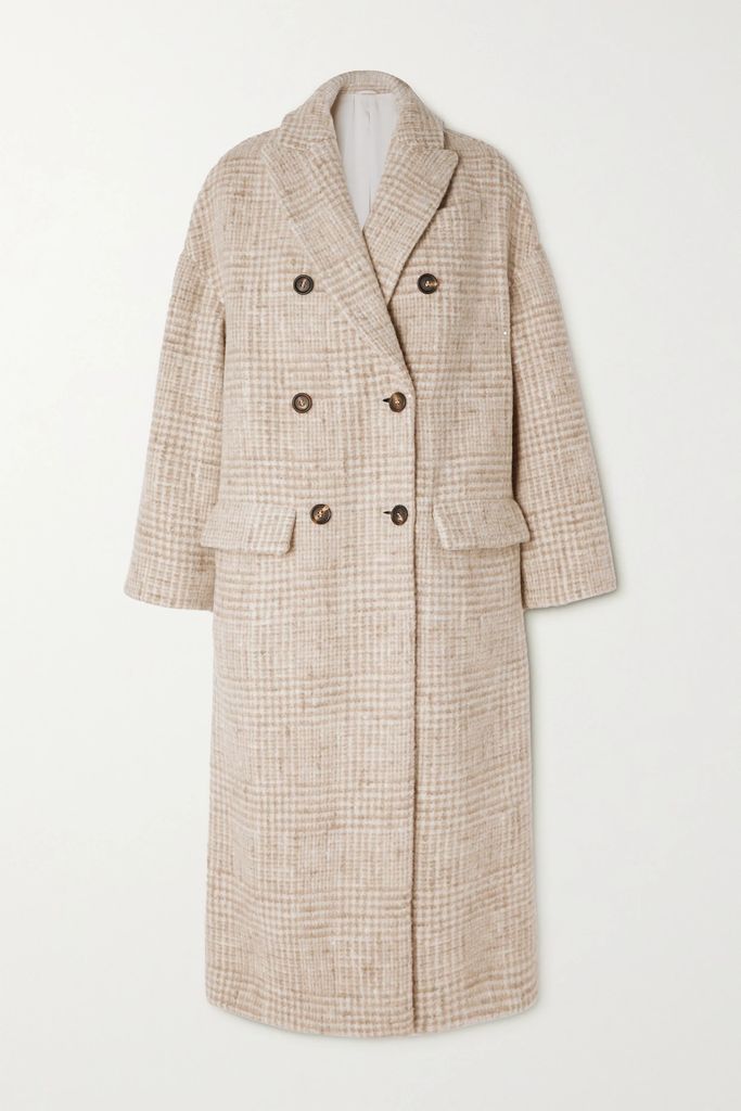 Double-breasted Checked Alpaca And Wool-blend Coat - Beige
