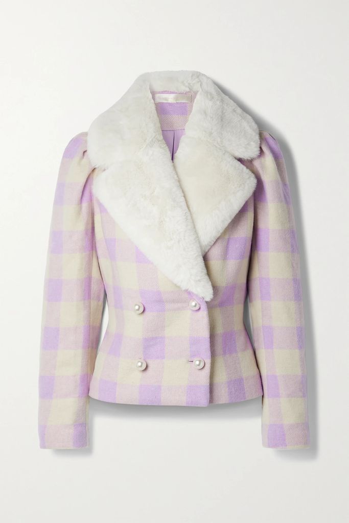 Dumont Double-breasted Faux Fur-trimmed Checked Tweed Jacket - Lavender