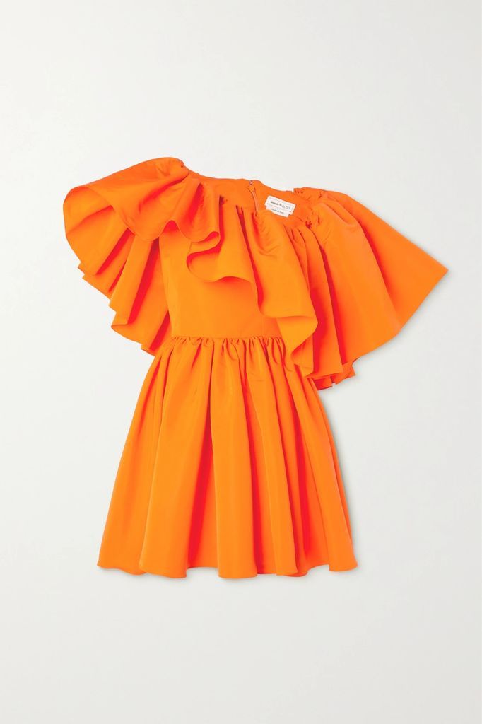 One-shoulder Ruffled Twill Mini Dress - Bright orange