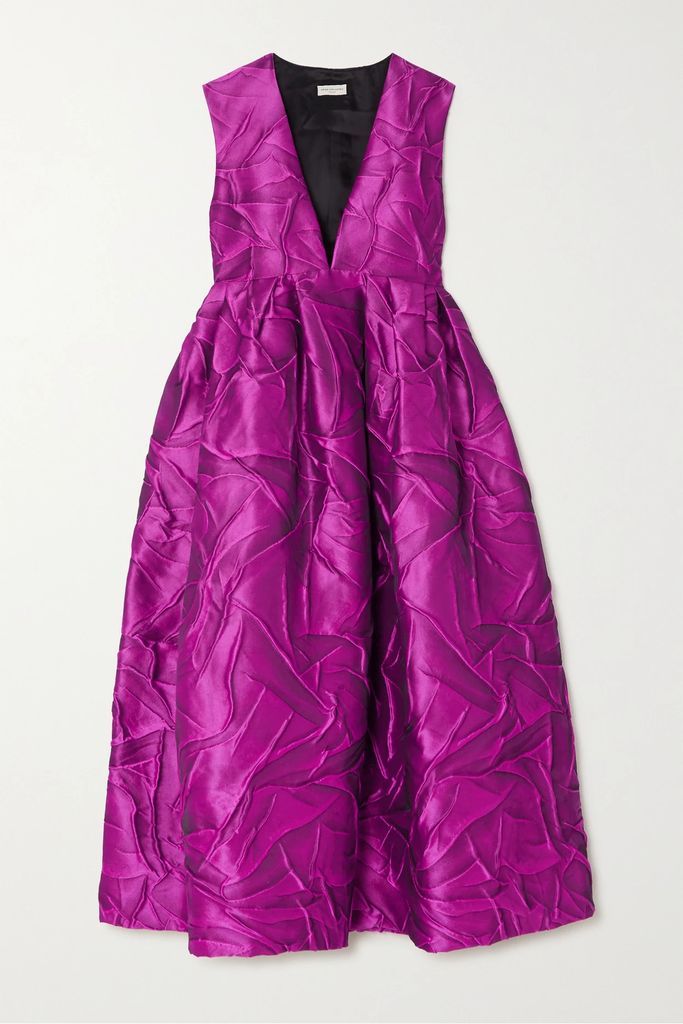 Pleated Satin-jacquard Dress - Purple