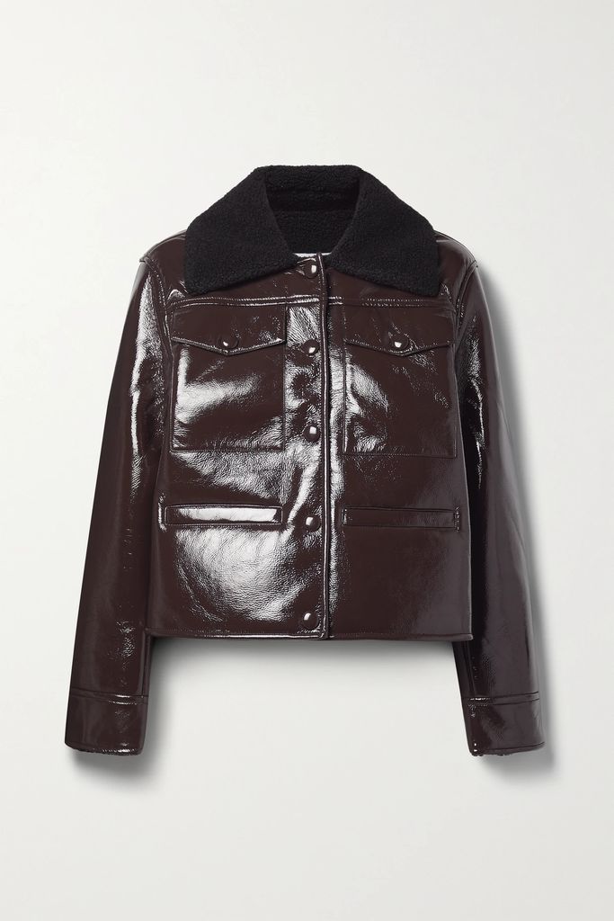 Faux Shearling-trimmed Faux Coated-leather Jacket - Brown