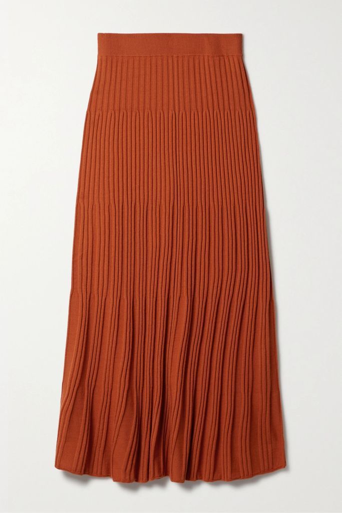 Ribbed Merino Wool Midi Skirt - Bright orange