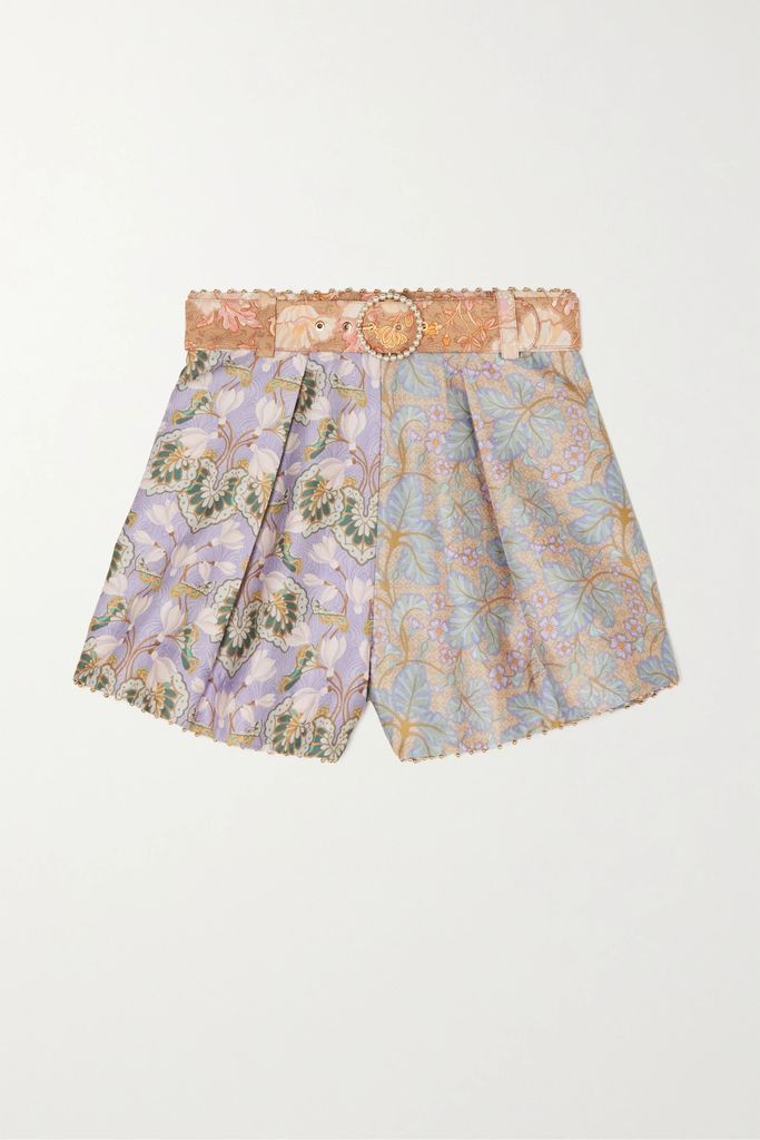 Kaleidoscope Belted Embellished Floral-print Silk And Cotton-blend Shorts - Lilac
