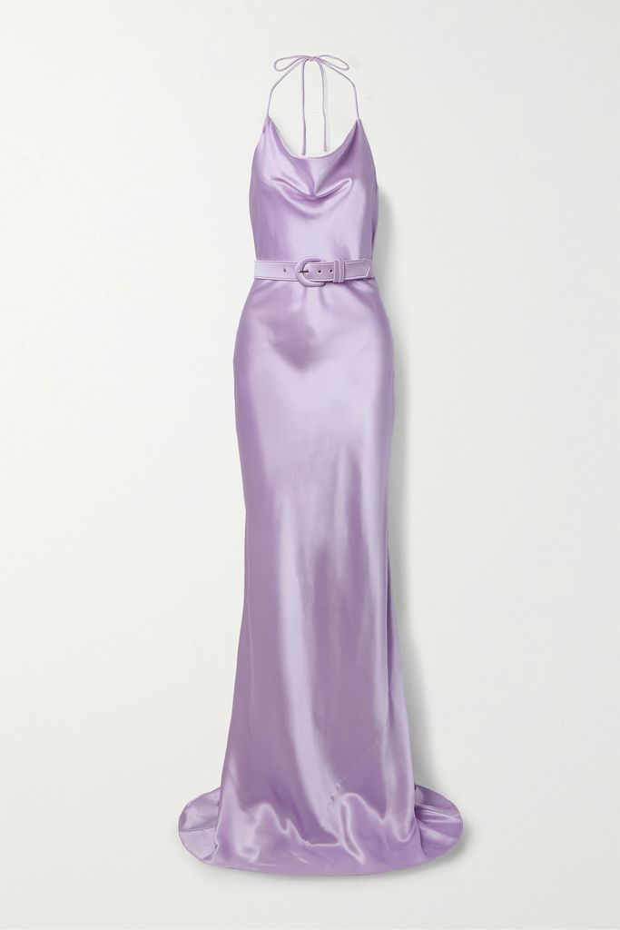 Belted Silk-satin Halterneck Gown - Lavender