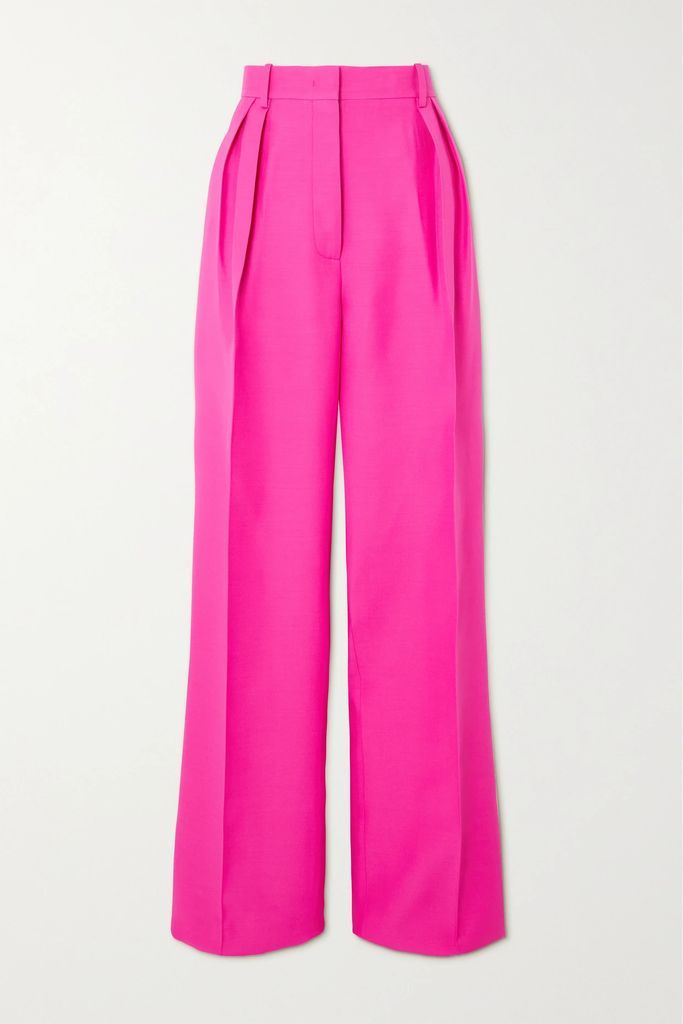 Pleated Wool And Silk-blend Crepe Wide-leg Pants - Pink